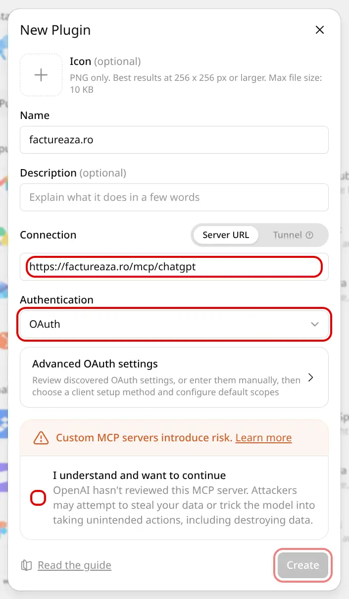 The New Plugin dialog, with Server URL, Authentication OAuth, the confirmation box and Create ringed
