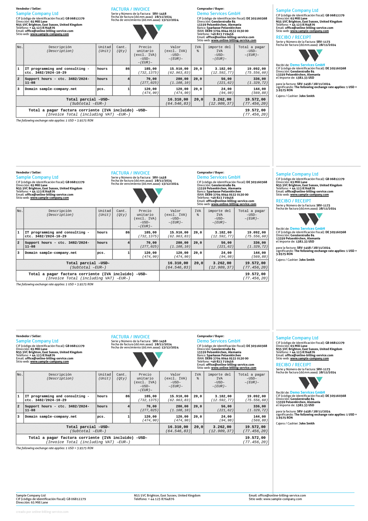 Invoice and receipt 3x on A4 (USD + EUR), Spanish