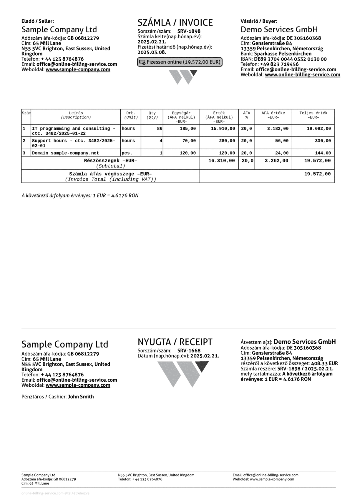 Invoice and receipt, EUR, Hungarian