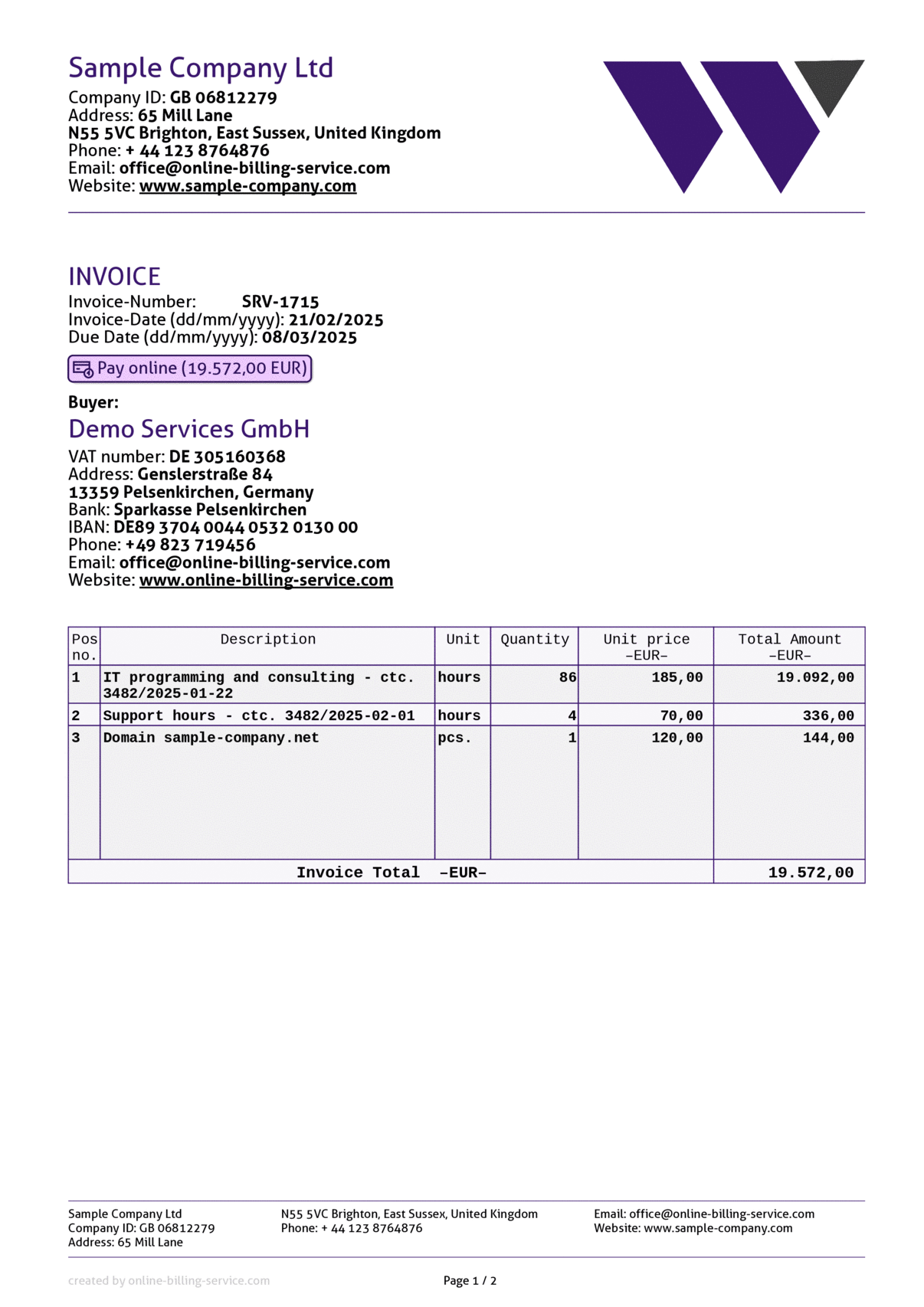 Invoice without VAT, EUR, English