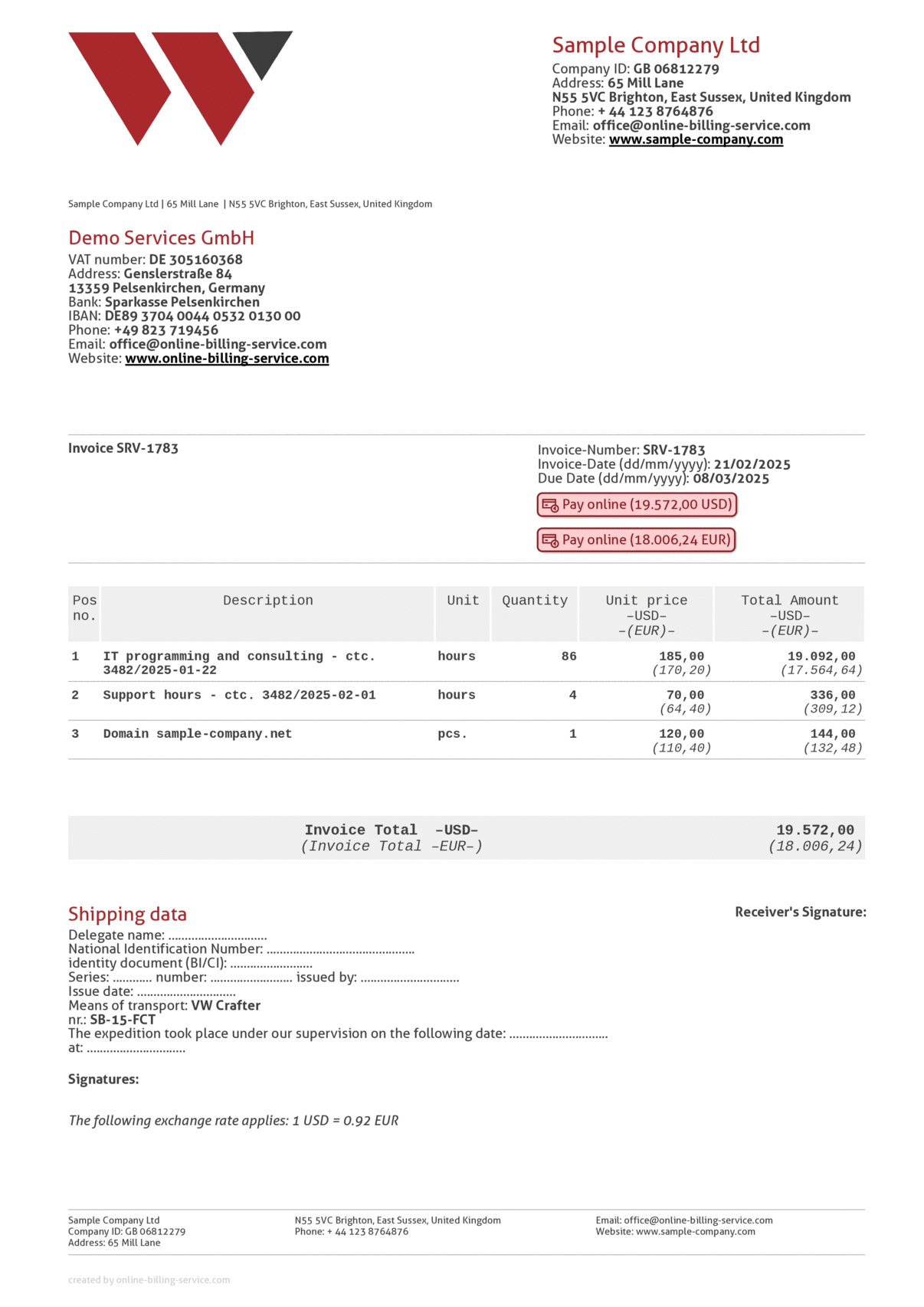 Invoice without VAT, USD + EUR, English